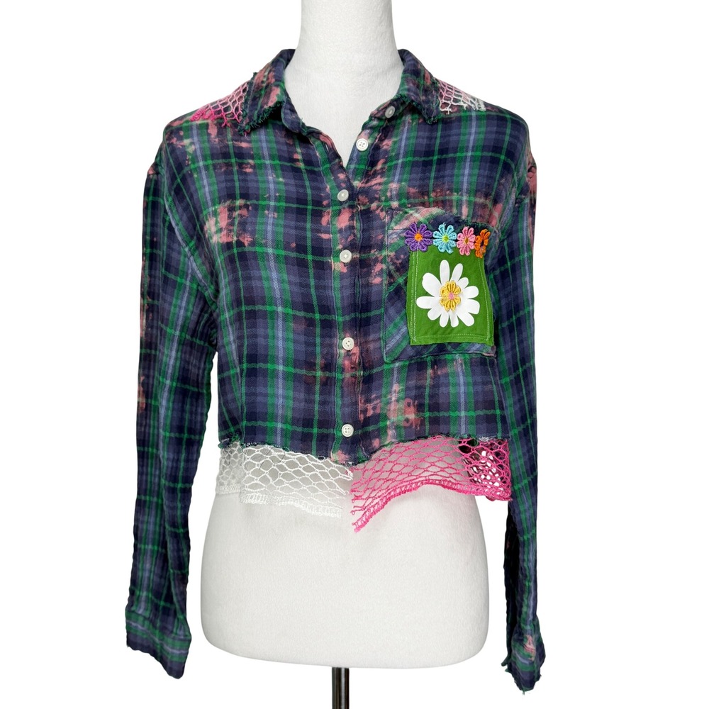 Heritage Threads Women Flannel Shirt S Blue Plaid Bleached Crop Patchwork Mesh
